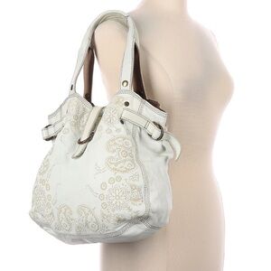 Y2K Lucky Brand White Paisley Print Leather Tote Bag Purse